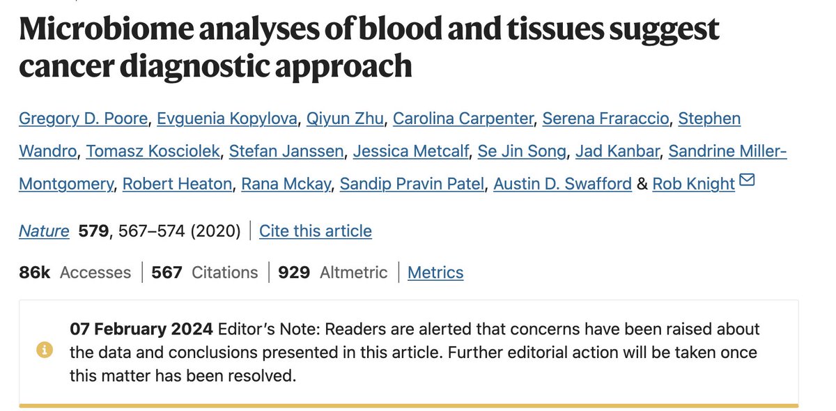 Apparently @nature has a serious concern that we were correct–that the cancer microbiome is just not there, as we described in our paper now published in @mbiojournal. The Nature paper now has an Editor's Note: