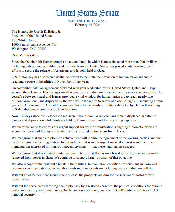 newsbell's tweet photo. JUST IN: @ChrisMurphyCT along with 24 senators - write letter to President Biden supporting a ceasefire agreement in #Gaza and a return of #Israeli hostages before "...humanitarian conditions for civilians in Gaza will become even more catastrophic and thousands more innocents — including many children — will die.”