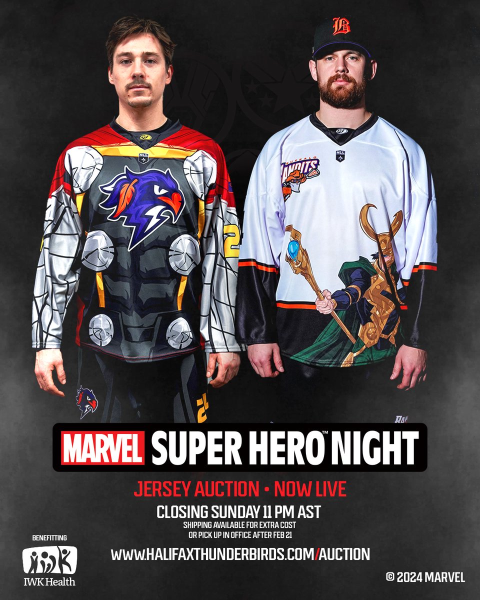 Ready, set, go!

Bidding is now LIVE for Friday's <a href="/Marvel/">Marvel Entertainment</a> Super Hero™️ Night game worn, limited edition Thunderbirds and <a href="/NLLBandits/">Buffalo Bandits</a> jerseys, benefitting the @IWKHealth Child Life program

BID: HalifaxThunderbirds.com/auction

Auction closes Sunday at 11pm AST
