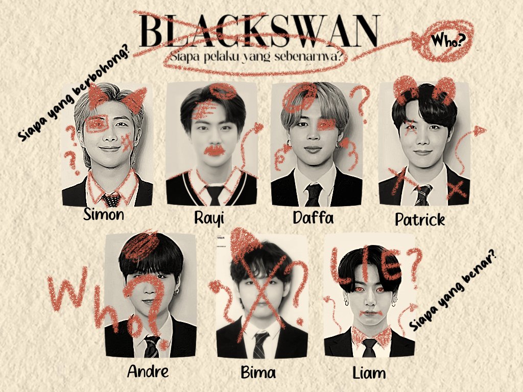 Ichaatwn's tweet image. 𝐁𝐋𝐀𝐂𝐊𝐒𝐖𝐀𝐍
— Jadi, siapa pelaku yang sebenarnya?

Bangtan × Oc Few Tweets au
©ichaatwn, 2024.
In collaboration with @sastra_dikara 
#SastraDikaraTHROUGHTHEDARKNESS