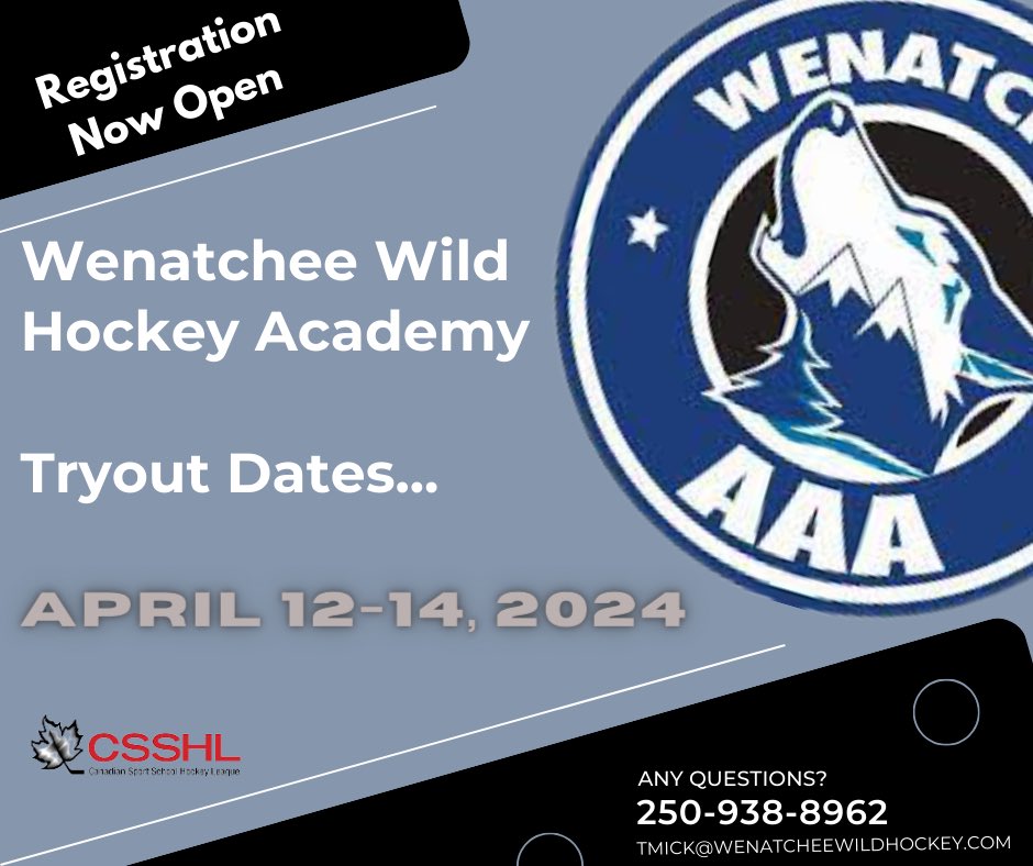 The Wenatchee Wild Hockey Academy is proud to announce that our registration link is now available for our Tryouts April 12-14, 2024 in Wenatchee ,WA.

here is the link to register: wenatcheewild.sportngin.com/register/form/…