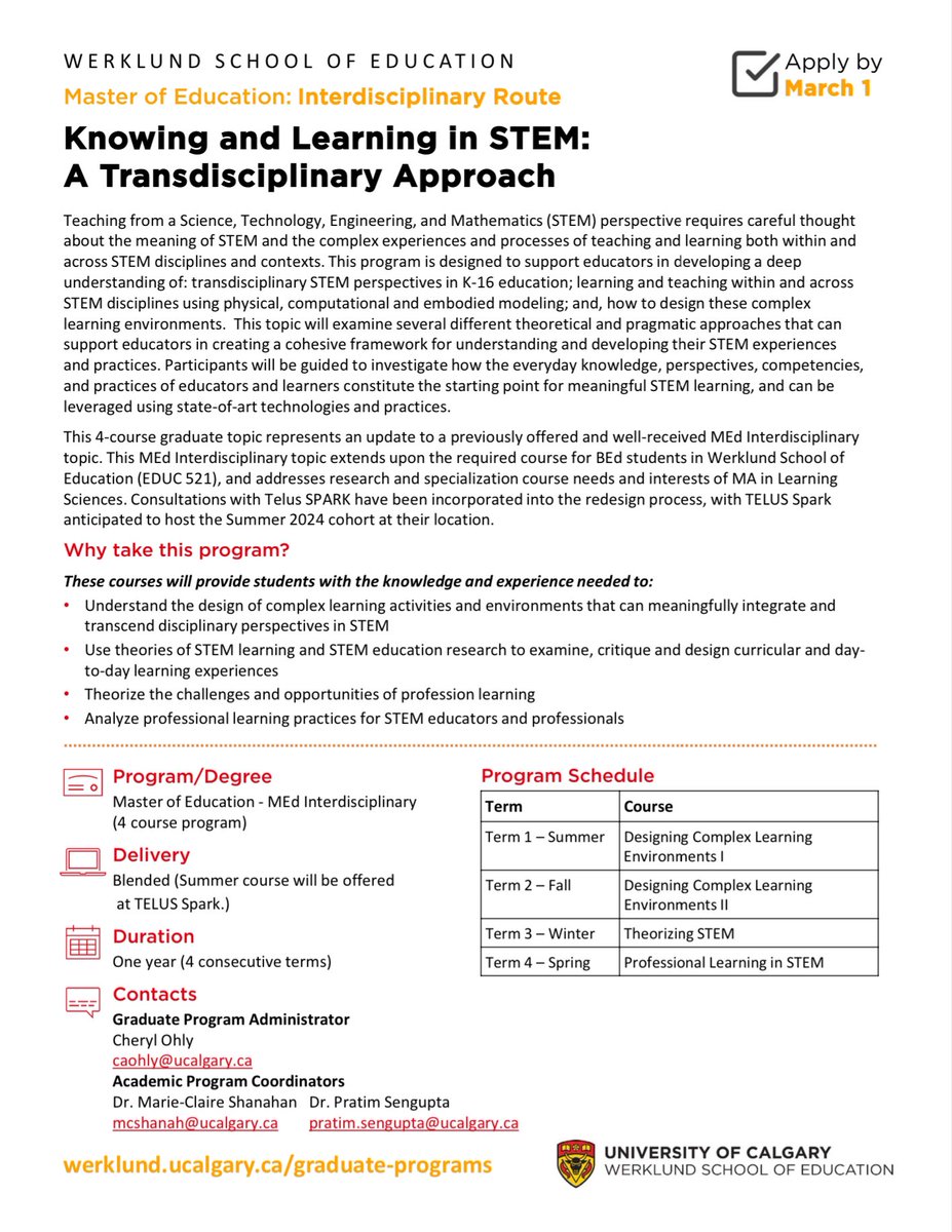 Hey STEM educators, come do something fun with me starting this summer!

werklund.ucalgary.ca/graduate-progr…