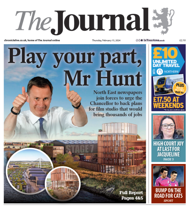 Today the North East's media unites behind a message to <a href="/Jeremy_Hunt/">Sir Jeremy Hunt MP</a> asking for support for a transformational film studio plan for our region. It has been fantastic to work with colleagues at other publishers on this - the North East speaks with one voice chroniclelive.co.uk/news/north-eas…