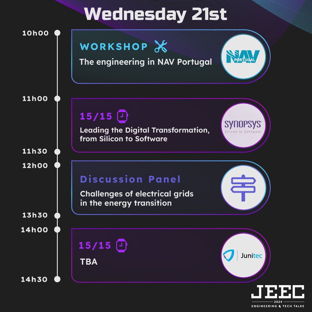 jeecist's tweet photo. 🌟 Welcome to the third day, Wednesday, at JEEC24! 🌟 Get ready for an action-packed schedule featuring thought-provoking panels, interactive sessions, and inspiring keynotes! 📅 
#JEEC24 #Day3 #Wednesday #JEEC #TechEvent #TechTalks #Engineering #dailyschedule https://t.co/UC4qJ0kJSo