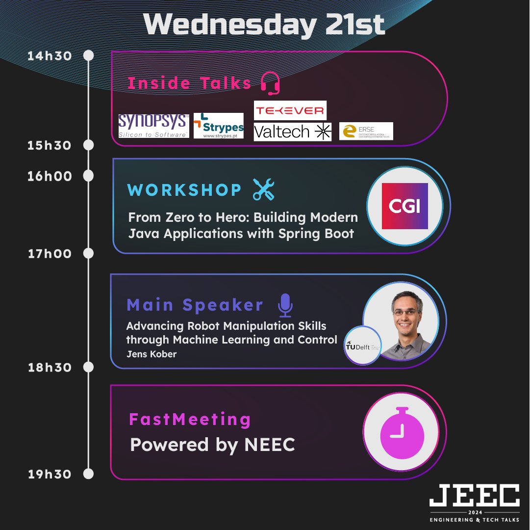 jeecist's tweet photo. 🌟 Welcome to the third day, Wednesday, at JEEC24! 🌟 Get ready for an action-packed schedule featuring thought-provoking panels, interactive sessions, and inspiring keynotes! 📅 
#JEEC24 #Day3 #Wednesday #JEEC #TechEvent #TechTalks #Engineering #dailyschedule https://t.co/UC4qJ0kJSo
