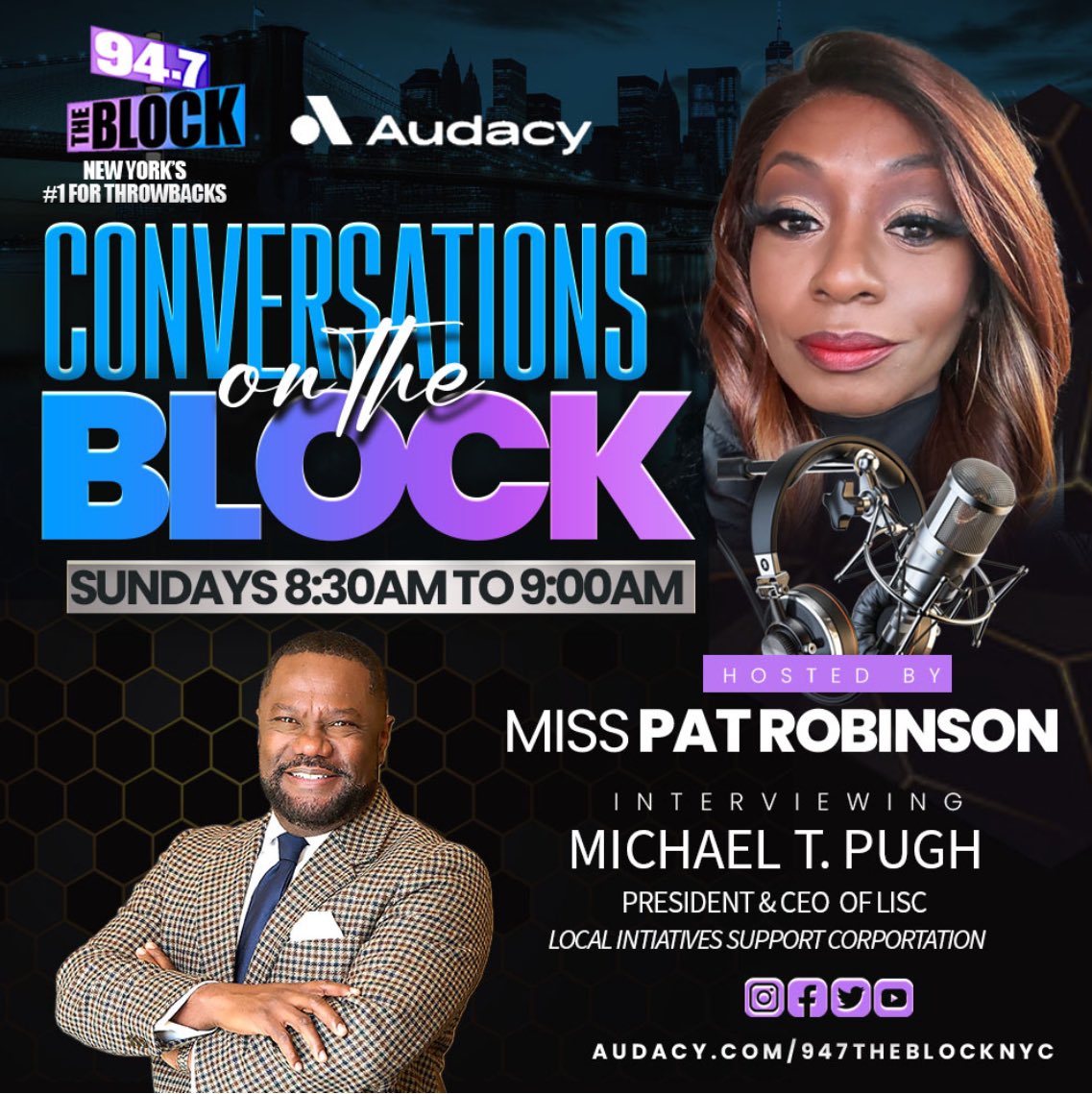 This! Sunday on @947theblock @convos_ontheblock @audacy Join me as I dialogue with an expert and well respected financial leader -President &CEO of @lisc_hq -Michael T. Pugh “Economic Stability “. Tune 🎵 in 🎧