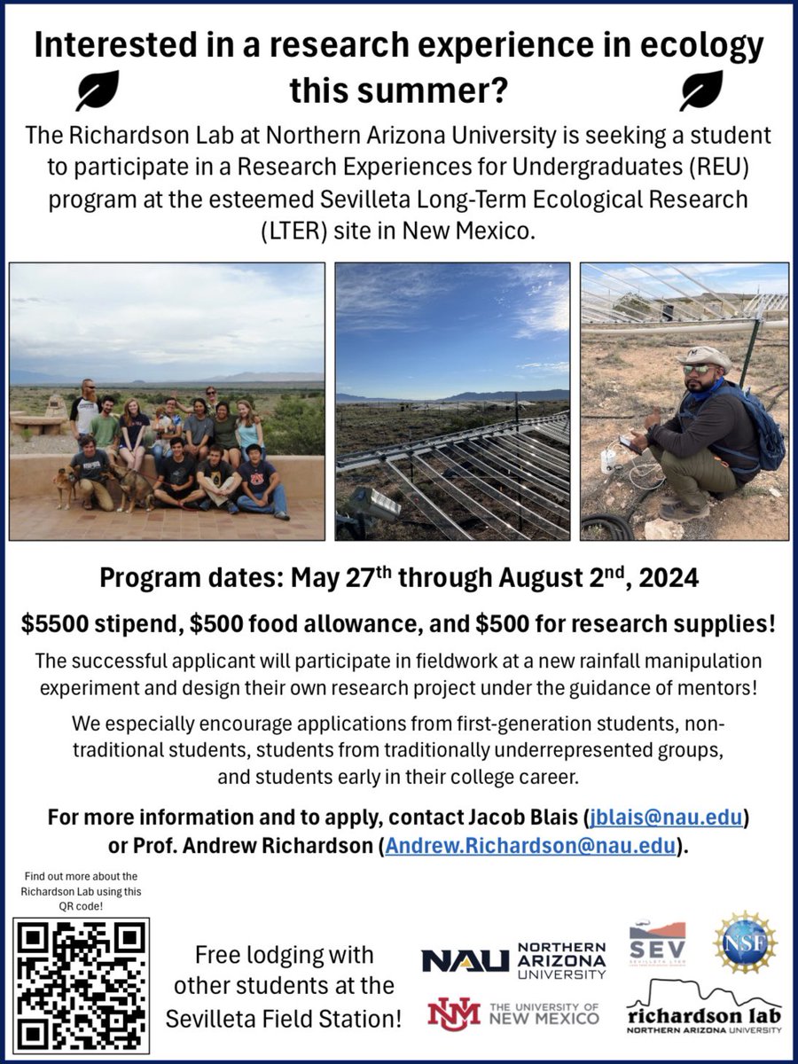 The Richardson Lab @EcossNau is searching for an undergrad to take part in the awesome @SEVLTER REU program this summer! We especially encourage applications from students that identify with historically underrepresented groups. Please share widely! @NAUResearch @NSF