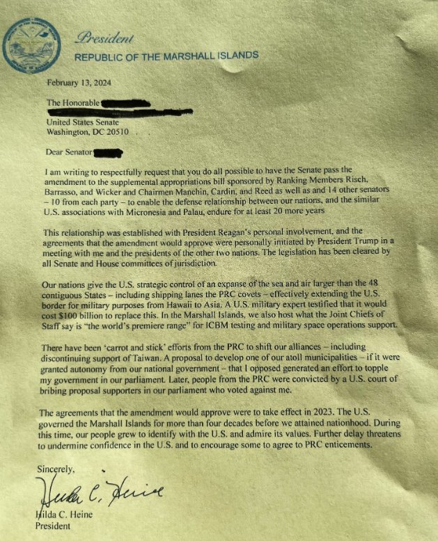 President of Marshall Islands, @Senator_Heine's letter to an unnamed U.S. Senator describes the strategic importance of passing COFAs and how time is of the essence given the PRC influence operations that previously almost resulted in toppling her government - and are ongoing.