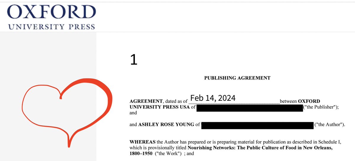 Be my Valentine, <a href="/OxUniPress/">Oxford University Press</a>? 🩷♥️💜 I'm simply beaming after *signing my book contract* with Oxford University Press for "Nourishing Networks: the Public Culture of Food in New Orleans: 1800–1950." ✒️😍 #Twitterstorians #ValentinesDay #NewOrleans #FoodHistory @OUPHistory