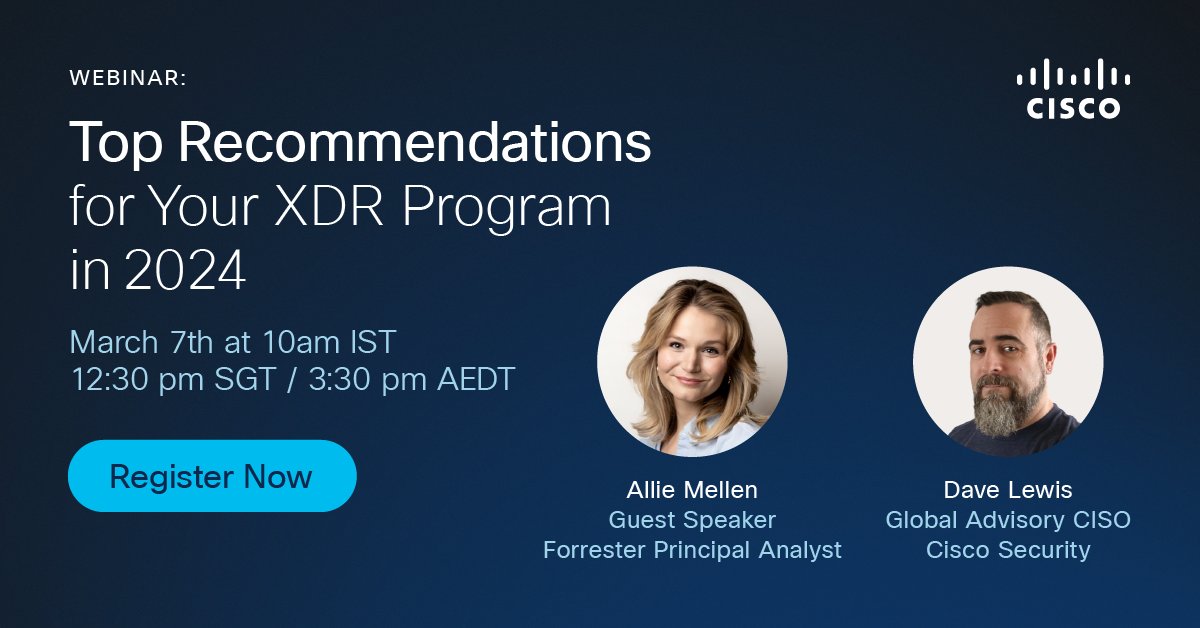Curious about how Generative #AI elevates #security or how #XDR boosts ROI? 🤔 💭 Join our discussion with @forrester Principal Analyst @hackerxbella and CISO @gattaca: cs.co/6017V0n1l 📅 March 7 ⏰ 12:30pm SGT / 3:30pm AEDT
