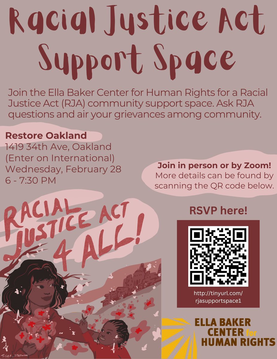 ✨You're Invited!!! ✨To our Racial Justice Act Support Space! ➡️ Wed, Feb 28th @ 6pm ➡️ Hybrid with the option to join in-person at Restore Oakland (1419 34th Ave, Oakland, CA 94601) ➡️ Come to ask questions and air your grievances Register today! bit.ly/49edIGO