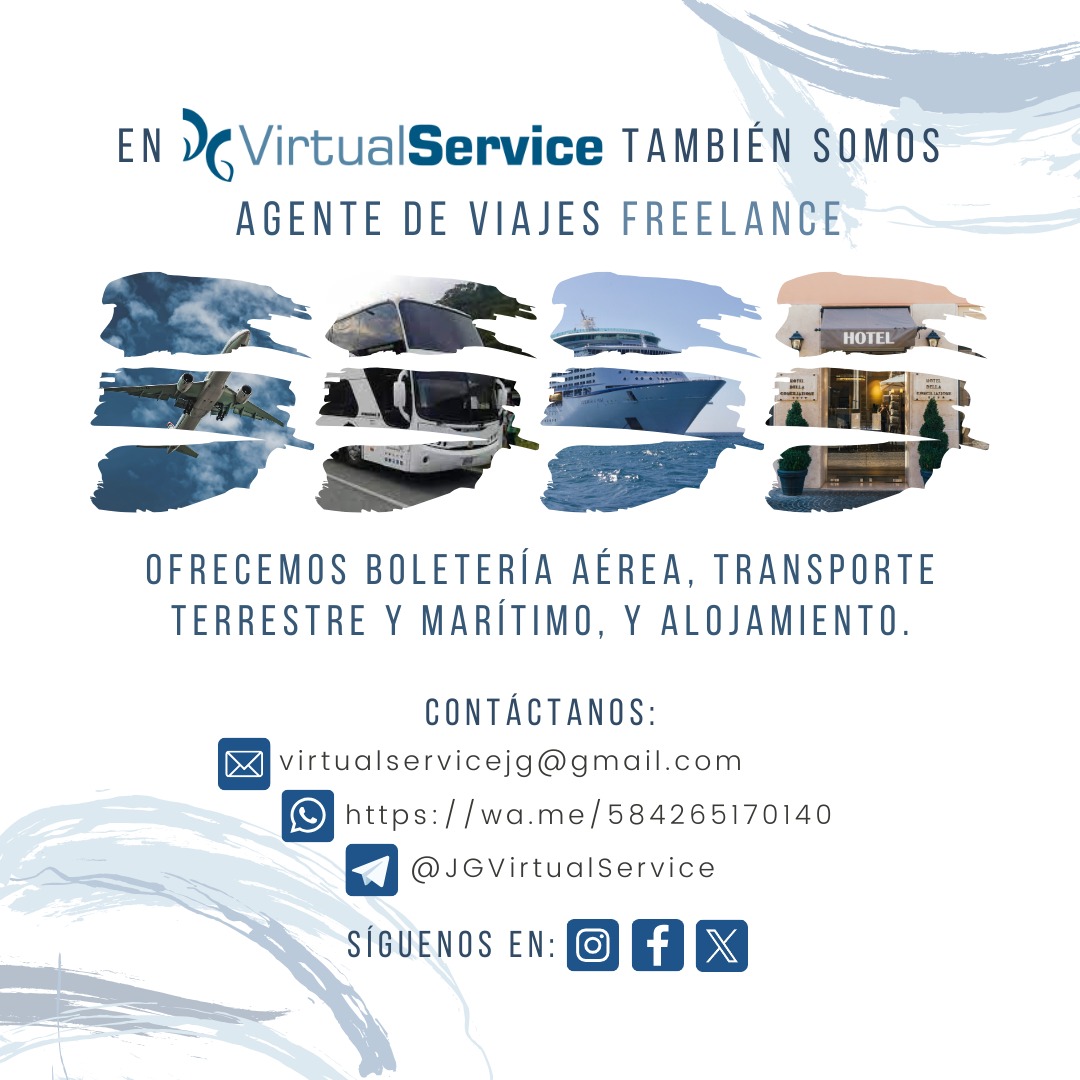 jg_virtual's tweet photo. 🤔 ¿Deseas viajar?

💁🏻‍♂️ Ofrecemos boletería aérea, transporte terrestre y marítimo, y alojamiento.

📲 Contáctanos por DM o WhatsApp:
https://t.co/RUscGXNgGy

#AgenteDeViajes #Freelance #JGVirtualService #TuAliadoVirtual #Caricuao #Caracas #Venezuela https://t.co/BugBaPoNVM