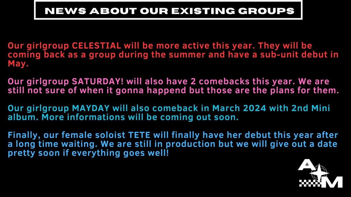 CIdolEnt's tweet photo. REBRANDING.....100% DONE!🎉

Groups Account :
Cosmos (@Cosmos_CIEnt)
MAYDAY (@MAYDAY_CIEnt)
HOLIDAY (@HOLIDAY_CIEnt)
CELESTIAL(@CELESTIAL_CIEnt)
SATURDAY! (@SATURDAY_CIEnt )
SUGAR RUSH (@SUGARUSH_Mi)

Soloists Account : 
TETE (@TeTe_Monthly)
ACM Soloists (@TheMelodic_ACM) https://t.co/L9Kqj2aiZK
