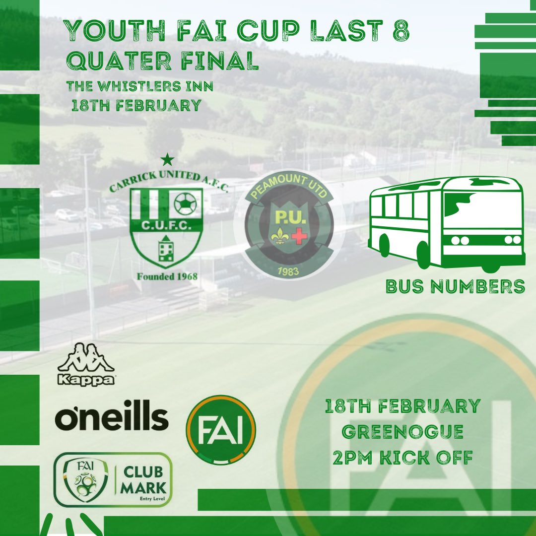 🚨Final call⏳
If anyone interested in going to Peamount Sunday to support our Youth team please let us know by texting the club on Social media. Best of luck to our Youth team. Try get up to support the lads🟢⚪️

🆚Peamount 
🕛2pm KO
🏟️Peamount Utd FC
🗓️Sunday 18th February