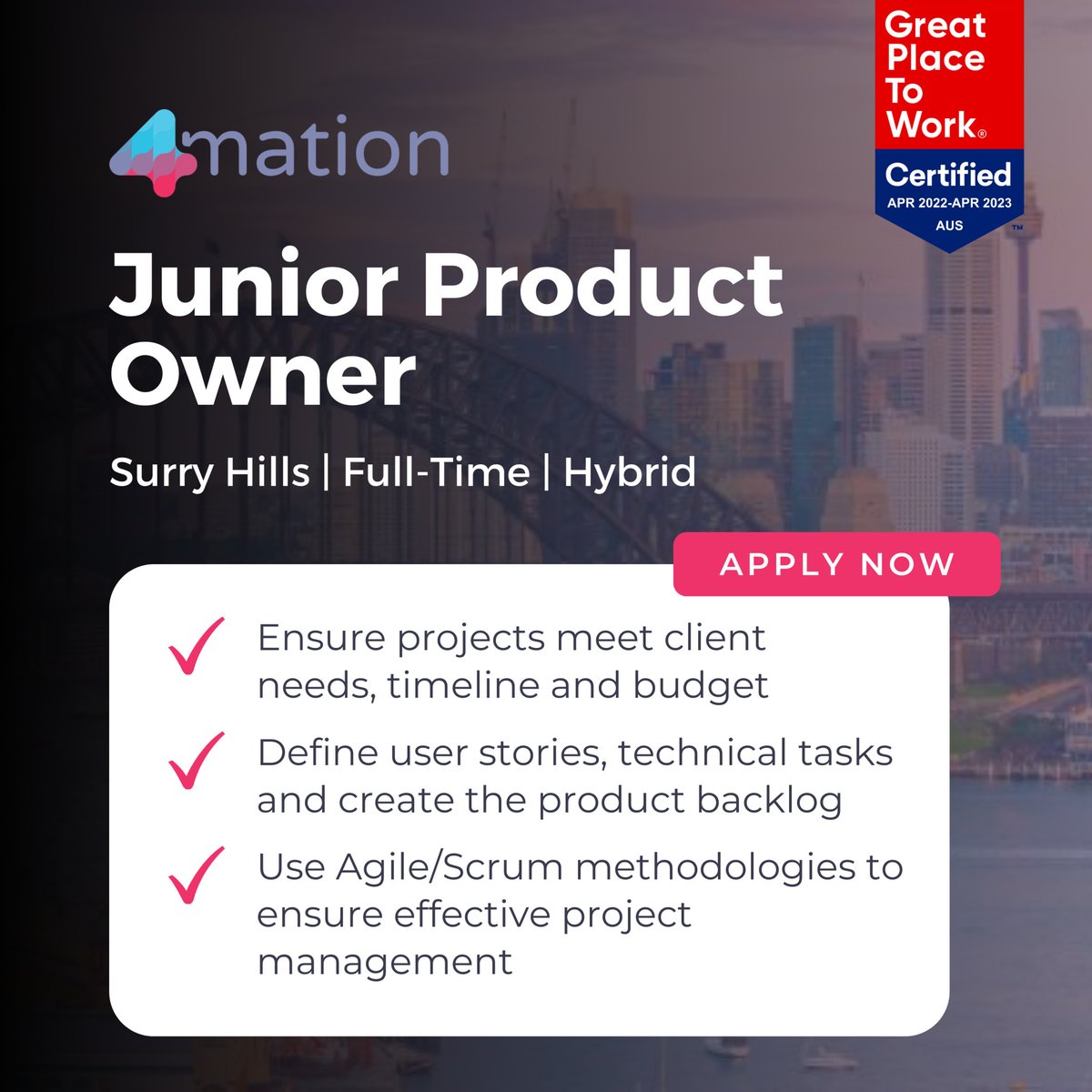 ⚡Join our team to grow your skills and career as a Junior Product Owner! 

Support a cross-functional team and drive the end-to-end development of cutting-edge software products. 

Apply today 📲 jobs.lever.co/4mation/406109…

#sydneyjobs #4mation #productowner