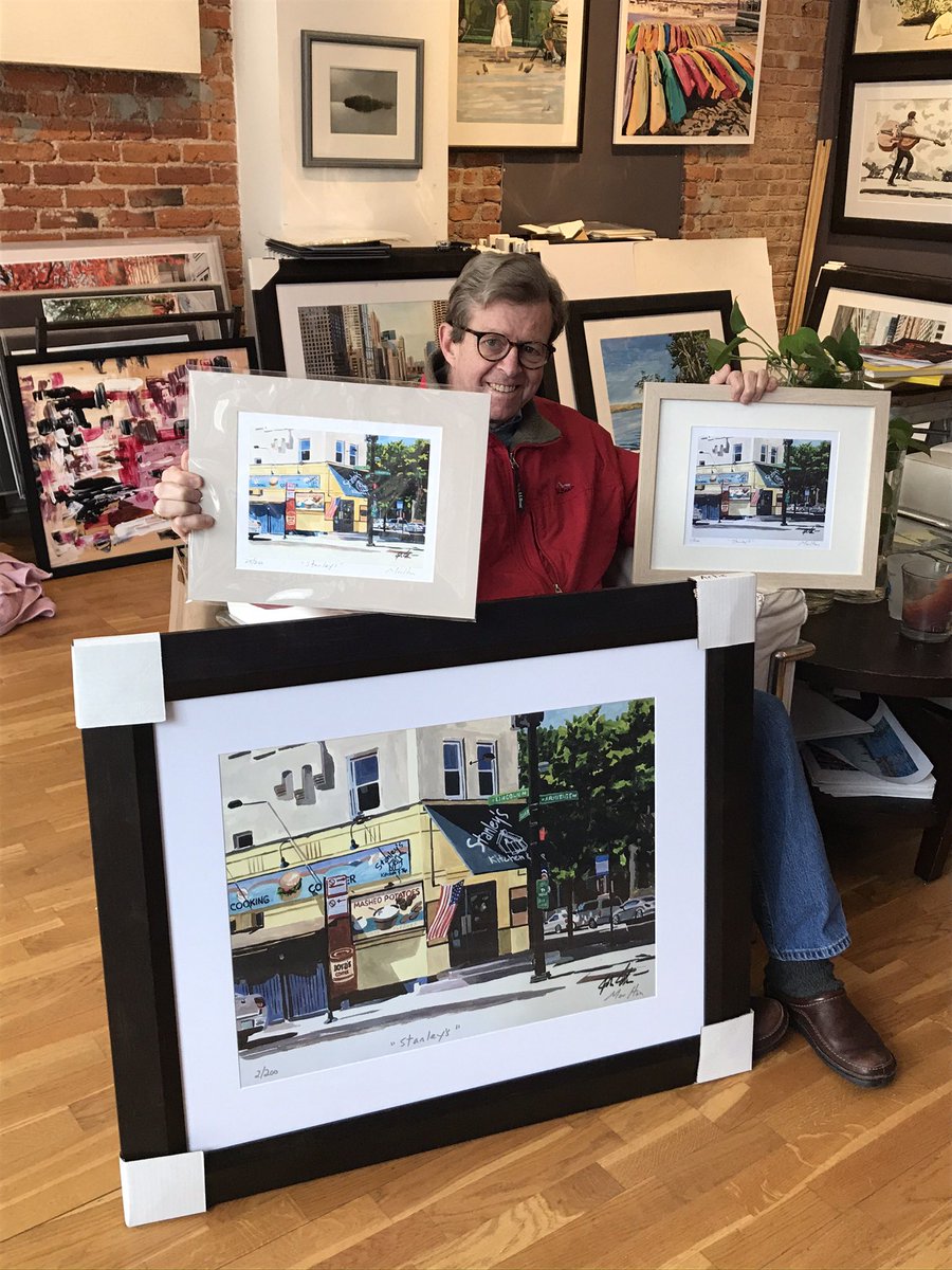 JoshMoulton's tweet photo. After I finished the painting of Stanley’s 4 yrs ago, Artie (manager and bartender there) came by to model with the different print options. Gave him a big framed one to take home. Chicago misses that place. At least I do. #art #lincolnpark #stanleys #chicago https://t.co/z1KUIUSod3