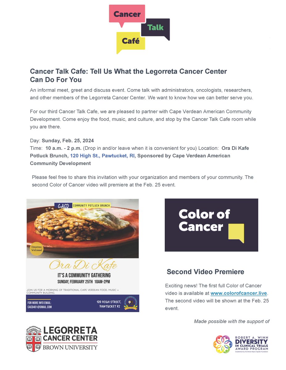 Excited to partner with the Cape Verdean American Development for our next #cancertalkcafe. Join us on Feb 25, 2024 during the Ora Di Kafe brunch. @BrownUCancer @WinnAwards #colorofcancer colorofcancer.live @TheeDjfinesse