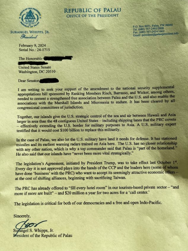 Letter from President <a href="/Surangeljr/">President Surangel Whipps, Jr.</a> to unnamed US Senator on urgent need to #passCOFA describes China's offers to Palau to break its relationship with US and Taiwan, including "The PRC has already offered to 'fill every hotel room' in our tourism-based private sector – 'and more if