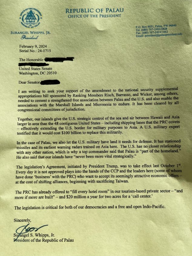 Letter from President @Surangeljr to unnamed US Senator on urgent need to #passCOFA describes China's offers to Palau to break its relationship with US and Taiwan, including 'The PRC has already offered to 'fill every hotel room' in our tourism-based private sector – 'and more if