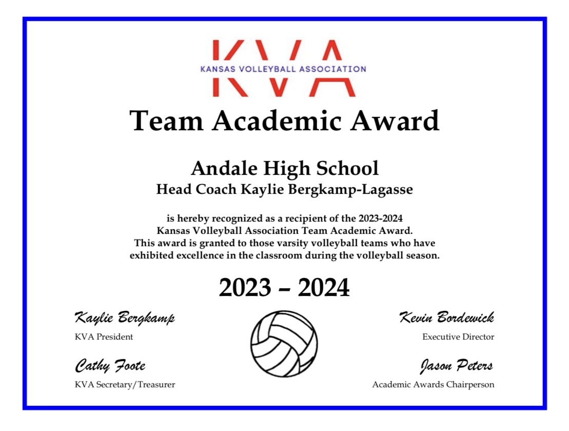 Congrats to the Andale Volleyball Program and players for being awarded a TEAM Academic Award from the Kansas Volleyball Association! This is the 6th straight year for this award for AHS Volleyball.