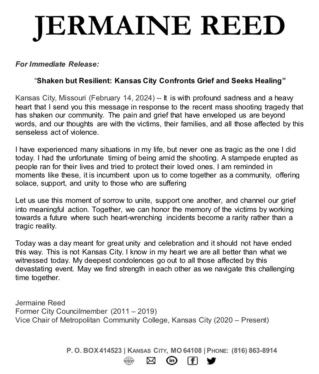 Update:  2/14/24  Kansas Ciry, Missouri  Statement: “Shaken but Resilient: Kansas City Confronts Grief and Seeks Healing'