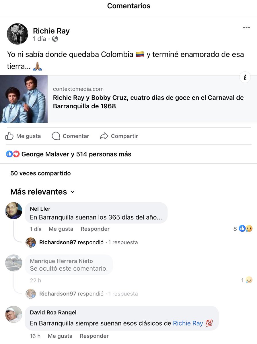 Contexto_Media's tweet photo. Richie Ray, leyenda de la salsa, lee Contexto y ama a Colombia🇨🇴. Así reaccionó en su Facebook a esta publicación sobre su paso por el Carnaval de Barranquilla.🎶❤️‍🔥💃🏽👇🏼https://t.co/LXHsOezP7g https://t.co/MBfDx9umWz
