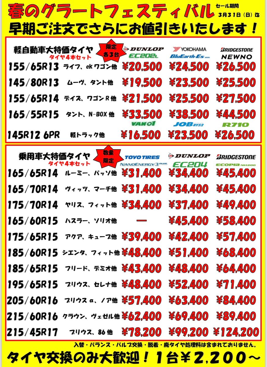 grato07131's tweet photo. 春のグラートフェスティバル開催します！

タイヤはいつも以上に大特価販売いたします！

さらに当店おすすめのコーティングを３月末までにご予約で２０％OFFいたします！

 #タイヤショップ #タイヤ #ホイール #福井 #グラート #カーフィルム #ガラスコーティング https://t.co/HcxykUaCgi