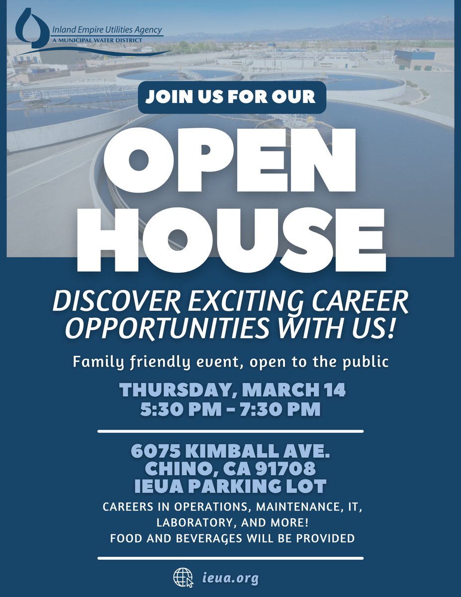 IEWorks1's tweet photo. Our friends at @ieuawater are hosting an open house on Thursday, March 14th, 2024, from 5:30 PM - 7:30 PM at their offices.

Come learn about exciting careers in water such as operations, maintenance, laboratory and more! https://t.co/74qAl3Iogi
