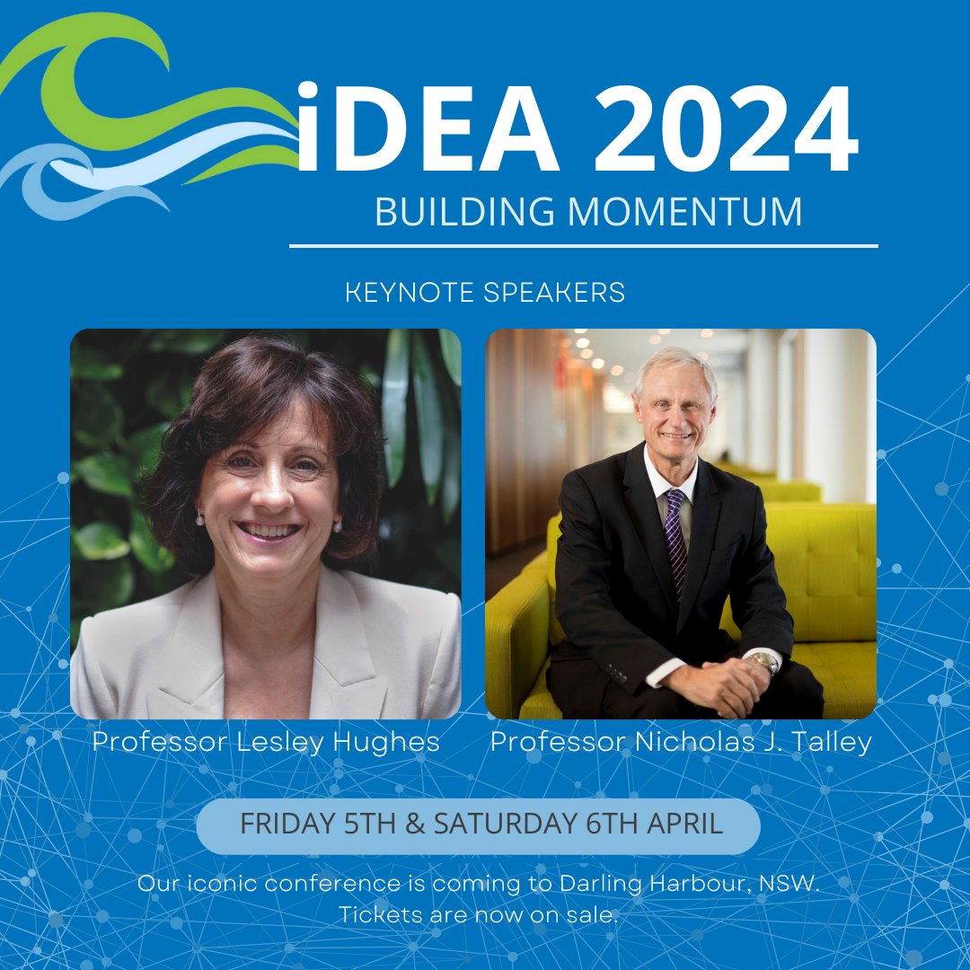 📢 We're thrilled & honoured to have Prof Lesley Hughes and @Prof_NickTalley as keynote speakers at #iDEA24! Register now for our exciting two-day #conference in Syd or online! All welcome. dea.org.au/idea2024/ @climatecouncil @Macquarie_Uni @Uni_Newcastle @nhmrc
