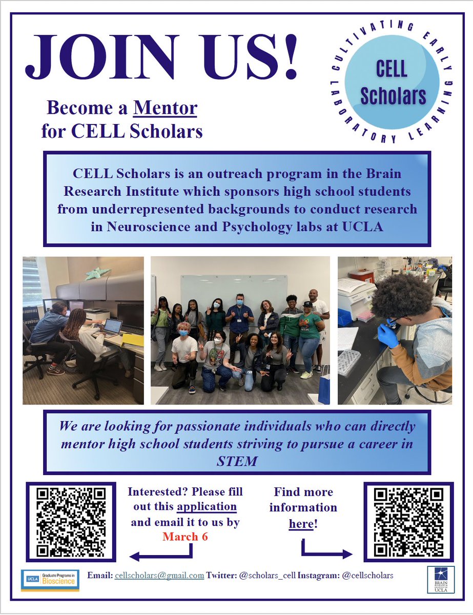 🚨Grad students at UCLA - Do you work on neuro or psych research and are passionate about mentoring the next generation of scientists? Apply to become a CELL Scholars Mentor for 2024-2025! ✨RSVP to our info session on 2/21 with the link in our bio - there will be free food! ✨