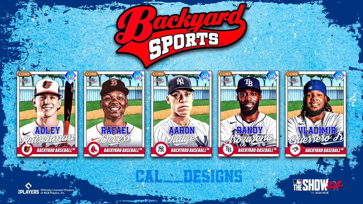 cal__designs's tweet photo. In a recent podcast, Jason Kelce mentioned wanting to buy the rights to the Backyard Sports series and revive the game franchise. If Backyard Baseball returns soon, which MLB players would be in the game?

Here are my picks starting with the AL East;

#MLBTheShow #MLB #backyardsports