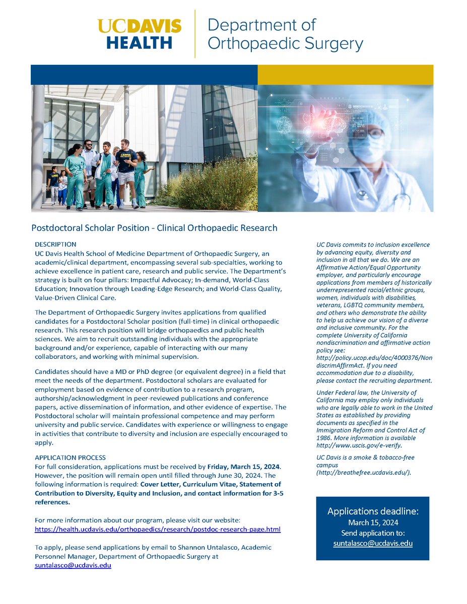 UC Davis Department of Orthopaedic Surgery (@ucdavisortho) on Twitter photo 📢 We are currently hiring a full-time #Postdoctoral #Scholar for a clinical #orthopaedic research program. For the job description and additional information, please visit our website.
health.ucdavis.edu/orthopaedics/r…
<a href="/UCDavisResearch/">UC Davis Research</a> <a href="/UCDavisMed/">UCDavisMedSchool</a> <a href="/UCDavisHealth/">UC Davis Health</a> <a href="/UCDavisGrad/">UC Davis Graduate Studies</a> #medtwitter 📢 We are currently hiring a full-time #Postdoctoral #Scholar for a clinical #orthopaedic research program. For the job description and additional information, please visit our website.
health.ucdavis.edu/orthopaedics/r…
<a href="/UCDavisResearch/">UC Davis Research</a> <a href="/UCDavisMed/">UCDavisMedSchool</a> <a href="/UCDavisHealth/">UC Davis Health</a> <a href="/UCDavisGrad/">UC Davis Graduate Studies</a> #medtwitter