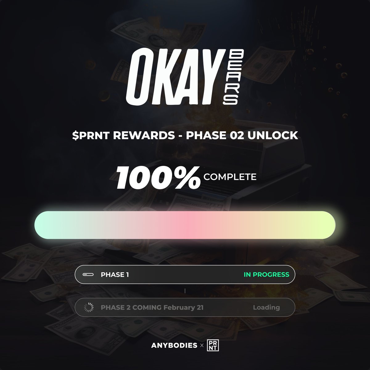 Get ready <a href="/okaybears/">Okay Bears</a> 🎉

You smashed the Phase 02 rewards requirement and currently sit at 497 $PRNT subscriptions! It’s almost time for the next level…
