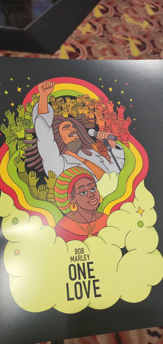 Just finished seeing <a href="/OneLoveMovie/">Bob Marley: One Love</a>, a very great movie. They did a great job on the Bob Marley story. Kingsley Ben-Adir did a good job playing as <a href="/bobmarley/">Bob Marley</a>, and of course the music great.  Also, very cool poster they gave out for the movie. 
#BobMarleyOneLove