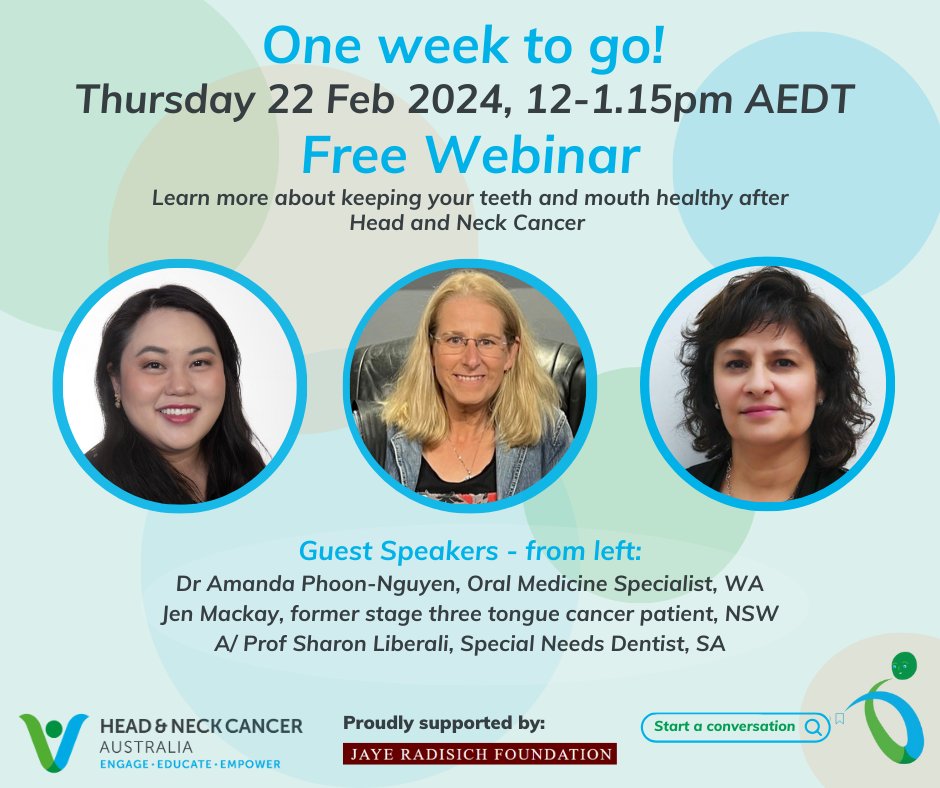 There's one more week until our FREE #webinar on keeping teeth and mouth healthy after #HNC, and the different roles of #Dental Practitioners. Register now! bit.ly/42sKYHZ Thank you to the Jaye Radisich Foundation WA. #HeadandNeckCancer #OralHealth #oralhealth
