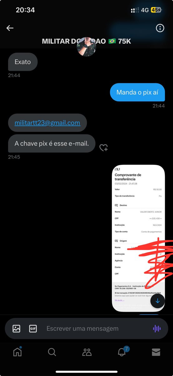 dompedro_pri's tweet photo. @militardotadao é puro golpe, galera! 
Cobra o pix pelo grupo vip e depois some! 

Tomem muito cuidado! 
Prints estão aí pra provar. https://t.co/ZTxeJX251X