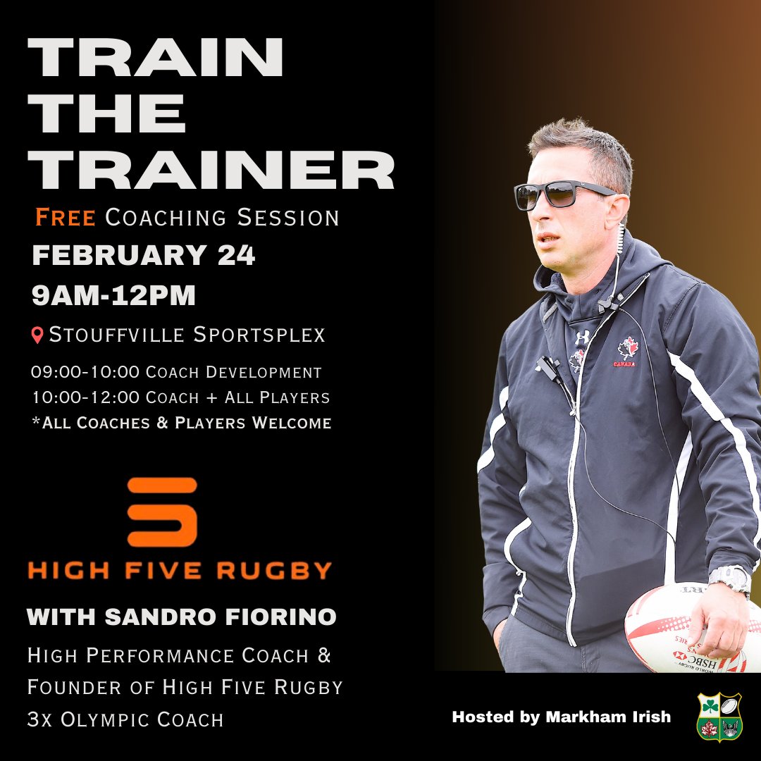 📣Join us Feb 24, 9am-12pm as we host High Five Rugby Founder & 3x Olympic Coach, Sandro Fiorino, for an in depth Train the Trainer coaching session. *This is a free session, open to all coaches ☘We look forward to elevating the game of rugby with you - see you there!