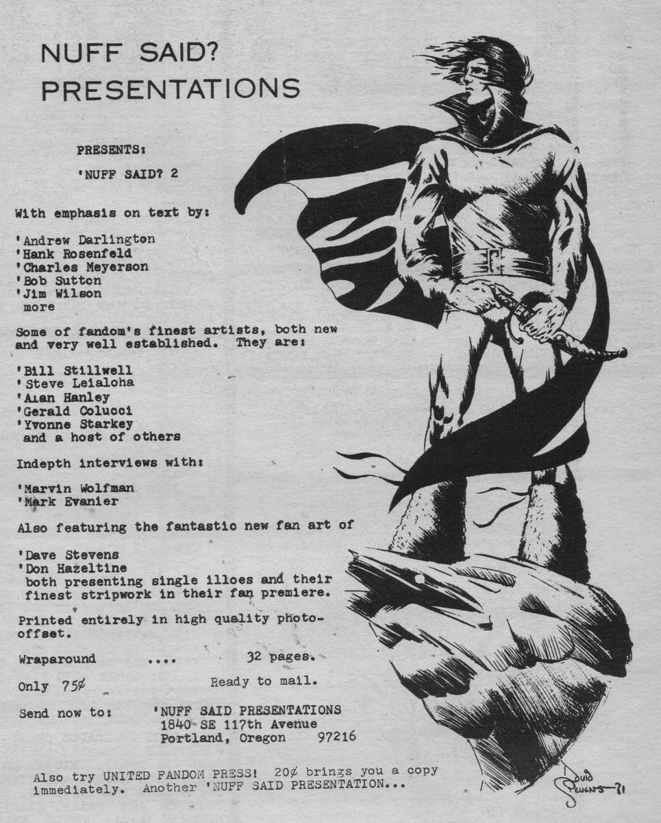 Continuing my series of old fanzine ads from early the Buyer's Guide for Comic Fandom issues.  Here is an ad for Nuff Said #2, featuring early art by Dave Stevens!  This TBG is was published in October 1972.  Artists in the zine include Alan Hanley and Steve Leialoha &amp; others.