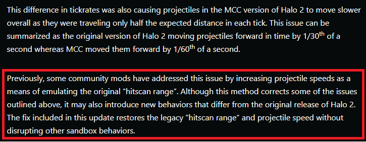 TheUncutFighter's tweet photo. So first off "some community mods" lol

Just so it's noted, Project Cartographer no longer uses bullet speed as it's primary means of fixing hit registration and has had this same fix that is now implemented in MCC.

Never the less, glad to see this fixed in MCC. Props for that. https://t.co/NFtl7D2vXO