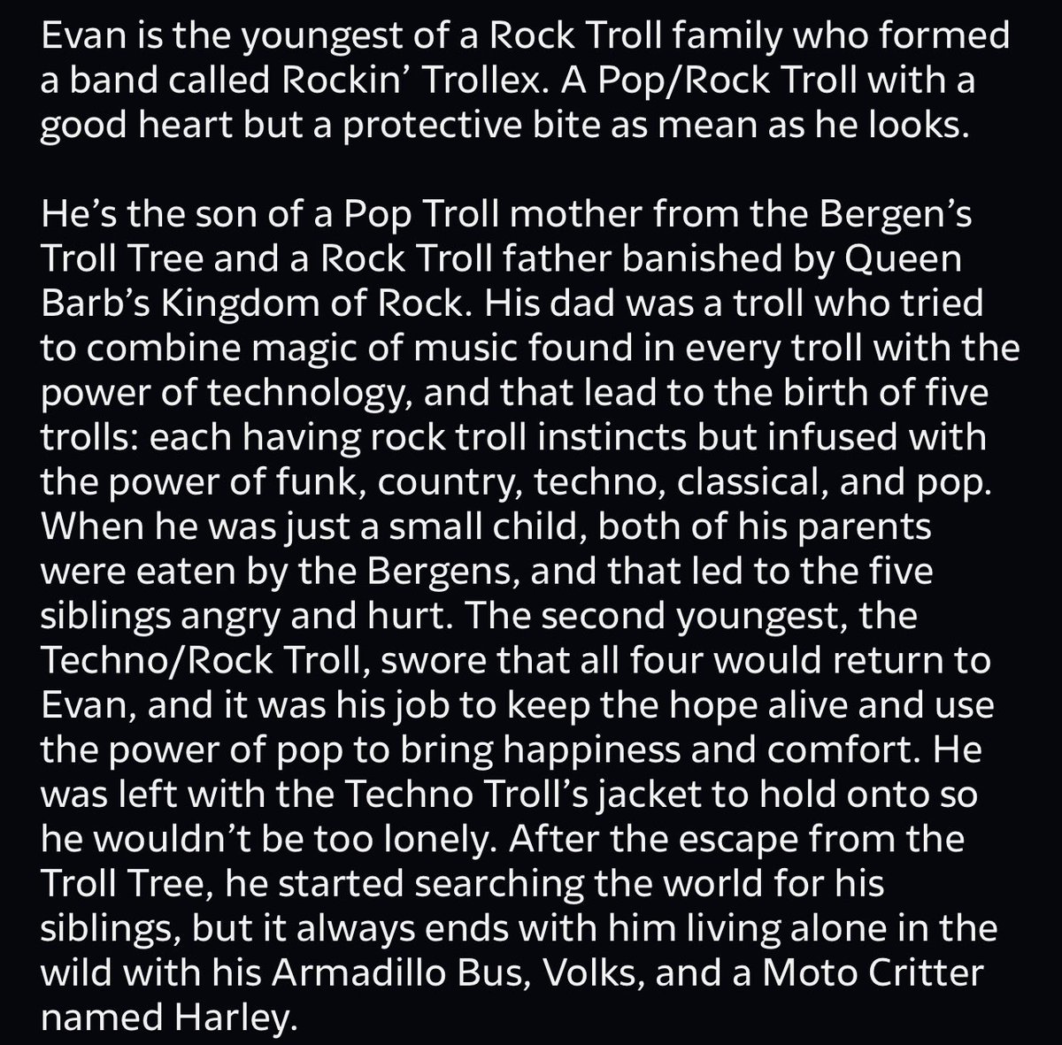 DarkAngel_095's tweet photo. My first attempt at making a troll. Evan Essence: the Beast of Pop. I decided to repost him and have pics of his bio so people can read about him better. Enjoy! 😊

#TrollsBandTogether #trollsworldtour #trollsona #trollsoc https://t.co/flhqFMkuQY