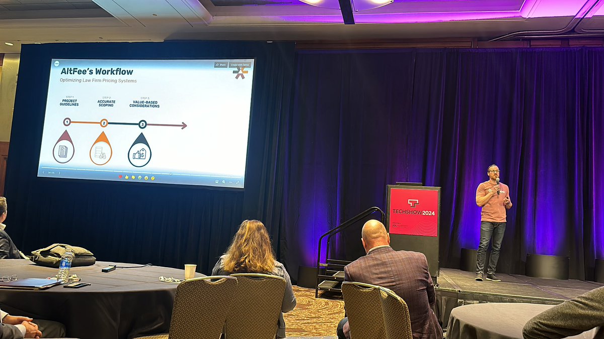 Gabriela Cubeiro (@gabrielacubeiro) on Twitter photo Next up is <a href="/AltFeeCo/">AltFee Solutions Inc.</a>. Scott Leigh, cofounder and CEO, lawyer. AltFee enables firms to scale with alternative fee structures, by scoping the work they do and breaking it into projects.
“AI + Efficiency does not = billing by the hour.” Next up is <a href="/AltFeeCo/">AltFee Solutions Inc.</a>. Scott Leigh, cofounder and CEO, lawyer. AltFee enables firms to scale with alternative fee structures, by scoping the work they do and breaking it into projects.
“AI + Efficiency does not = billing by the hour.”