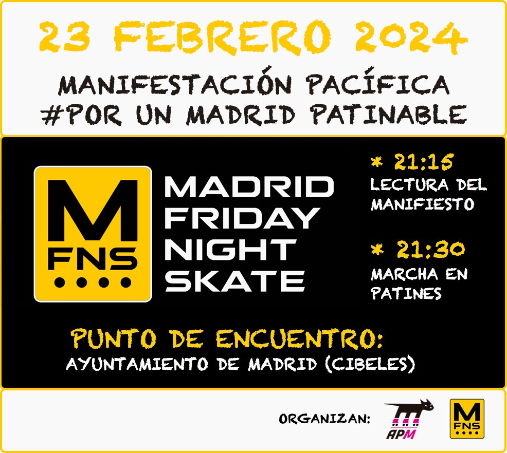 MadridFNS's tweet image. 👉 Nuevamente llenamos las calles de patinadores por la marcha reivindicativa Madrid Friday Night Skate de FEBRERO 2024. 
😁Además de patinar, no te olvides de sonreír y disfrutar.
🚔 Nos acompañará la policía.