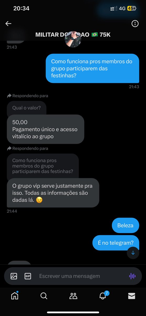 dompedro_pri's tweet photo. @militardotadao é golpista!! 
Tomem cuidado! 

Ele pede pix pra entrar no grupo vip e some depois https://t.co/08sVxkZrpe
