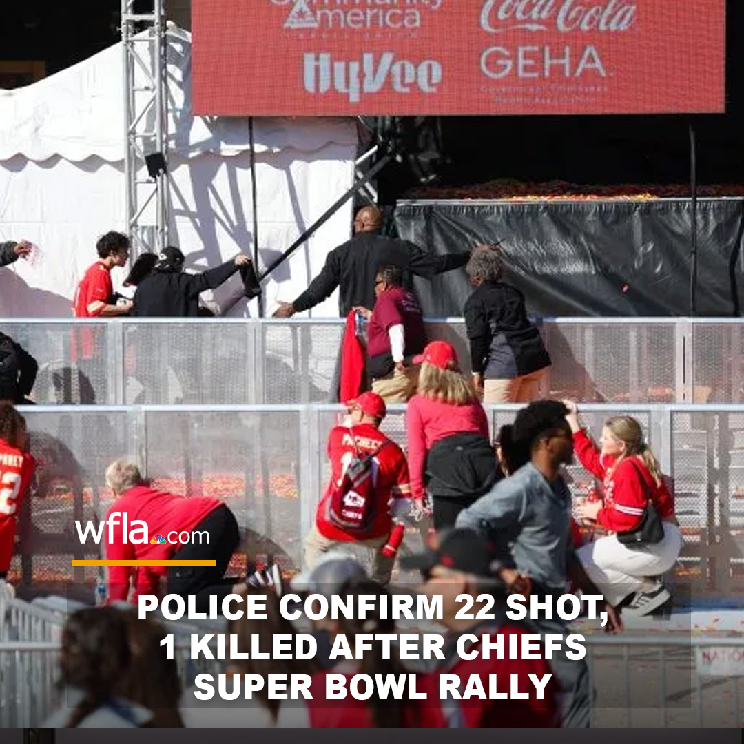 WFLA's tweet image. 22 SHOT, 1 DEAD: One person has been killed and nearly two dozen people were injured in a shooting in Kansas City where crowds had gathered to celebrate the Chiefs’ Super Bowl victory with a parade and rally. bit.ly/4bEeC11