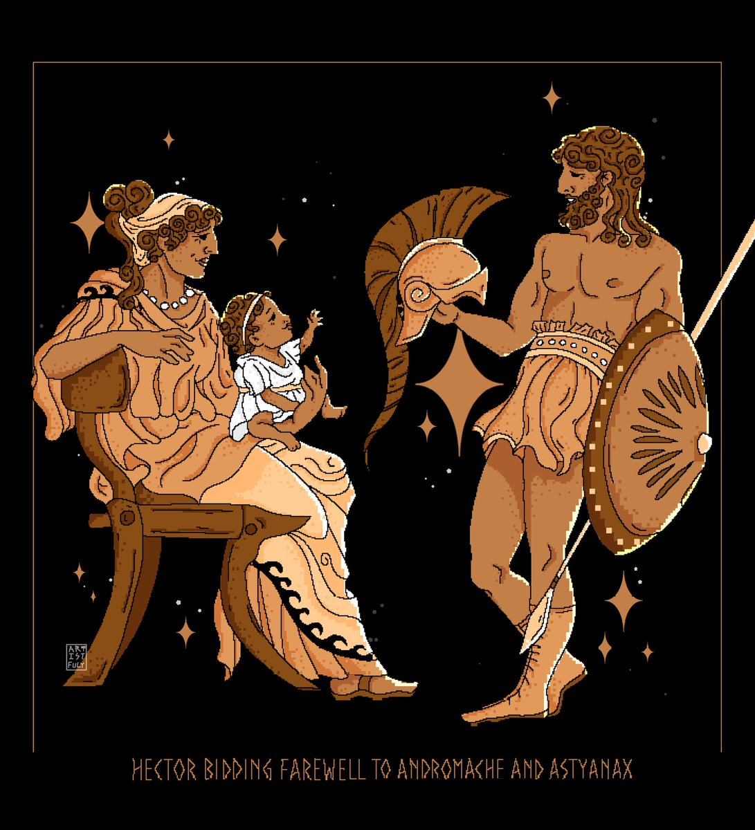 artistfuly's tweet photo. My pixel art of The Parting of Hector and Andromache: From the Sixth Book of the Iliad. 🌱 https://t.co/N48UWPoMKd