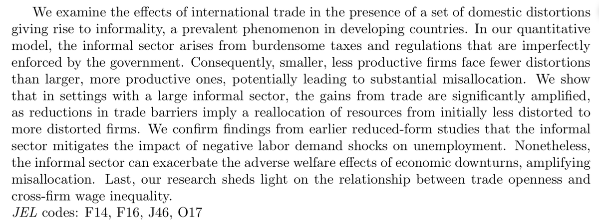🚨Substantially revised version of our trade and informality paper, now titled 'Trade and Domestic Distortions: the Case of Informality'. w/ @PennyG_Yale @CostasMeghir @GUlyssea