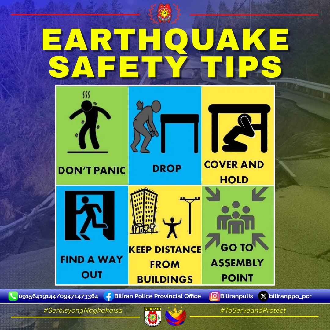 EARTHQUAKE SAFETY TIPS! Ligtas ang may alam.

#BagongPilipinas
#SerbisyongNagkakaisa 
#ToServeAndProtect 
#PNPPATROLPlan2030