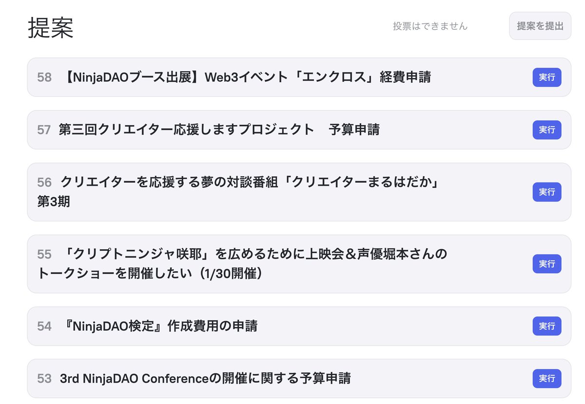 IHayato's tweet photo. 【1億円の財源があるDAOで活動しませんか？】

ETHの高騰によって、Ninja DAOのトレジャリー（みんなの貯金箱）の残高が、なんと1億円を超えました！

この貯金箱の仕組みをおさらいすると、、、

まず、毎日ひとつのNFTがオークション形式で、発行されます。

フルオンチェーンのドット絵で、もなこ先生  
 のクリエイティブが炸裂しています！

Ninja DAOのクリエイターが生み出したオリジナルキャラも多数登場してます。アズラかわいい！

で、このオークション売り上げは、その全額が「トレジャリー」と呼ばれるスマートコントラクトに格納されます。

今回、その資金が、なんと1億円に達したということです！

で、この資金の使い道は、このNFT（CNN）のオーナーたちが投票によって決められます。

これまで約50件のクリエイター支援企画が提案されており、多くの資金提供が実現しています。

たくさんのCNNを買ってる貢献者が、トレジャリーに対して影響力を発揮する、という仕組みになっています。

ちなみに現在、260名ほどがオーナーになっており、ikehayaとDANKUさんが投票力を有する大口となっています（一番上は運営ウォレットです）。

なお、このDAO財源は「クリエイター支援」に使うことで合意が形成されています。

Ninja DAOでクリエイターとして活動すると、この財源の一部を利用できる可能性がある……というのも、ぼくらの魅力になっているのではないかなと思います！

1億円は通過点で、このまま財源を増やして、10億円くらいは用意したいな〜とも思ってます。

そこまでいけば、Ninja DAOはかなり盤石な組織になりそうです。こちらもコツコツいきましょう！

CNNは毎日出てくるので、ぜひぜひ落札狙ってみてください。フルオンチェーンのpfpとしても普通に楽しめる作品となっております！