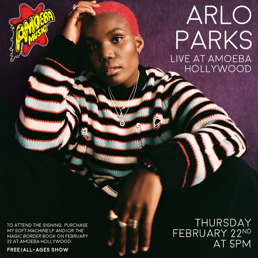 Arlo Parks will be doing a live acoustic set + signing at Amoeba Hollywood February 22 at 5 PM! 🪁 More details: bit.ly/3HX75Ne.