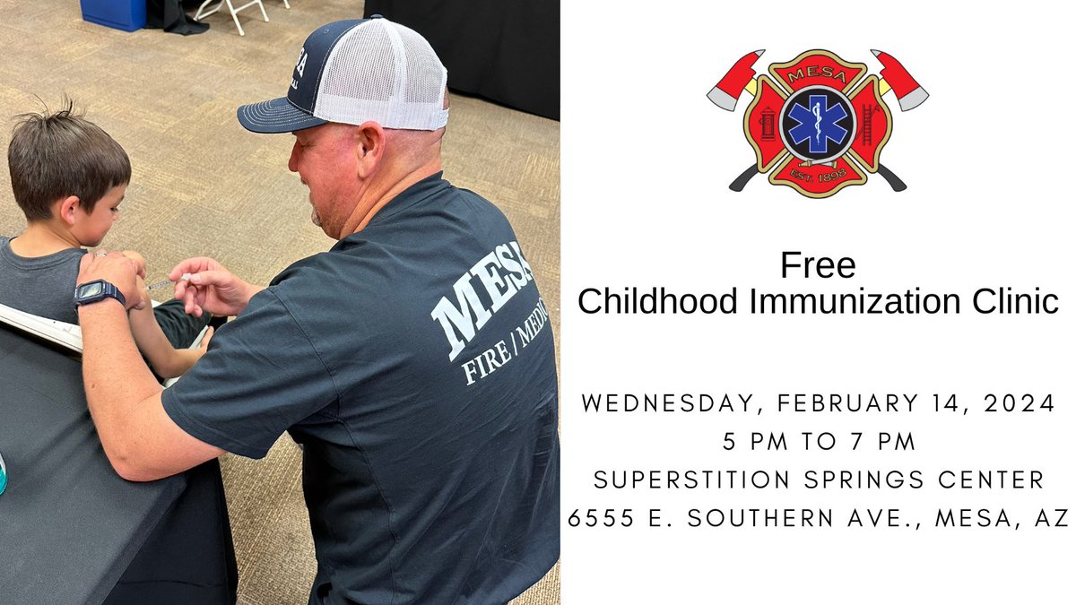 Happening now! Our free monthly childhood (birth-18 yrs) immunization clinic (today), Wed., 2/14/24, Superstition Springs Ctr (6555 E. Southern Ave.), 5-7 PM. Eligibility requirements, what to bring, &amp; which vaccines are available 👉🏽  my.mesaaz.gov/3xlkrvK No appts. necessary.